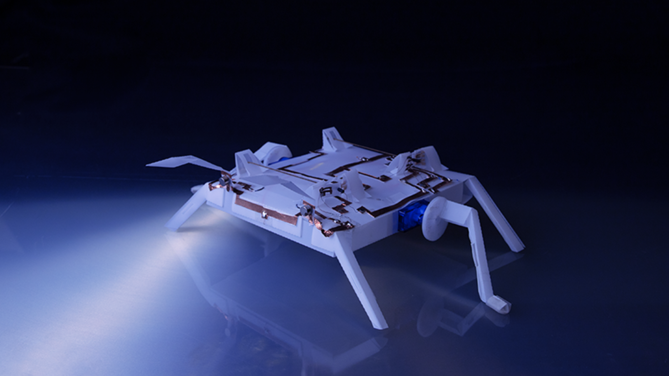 An origami-inspired robot designed by a UCLA-led team that can reverse direction when either of its antennae senses an obstacle